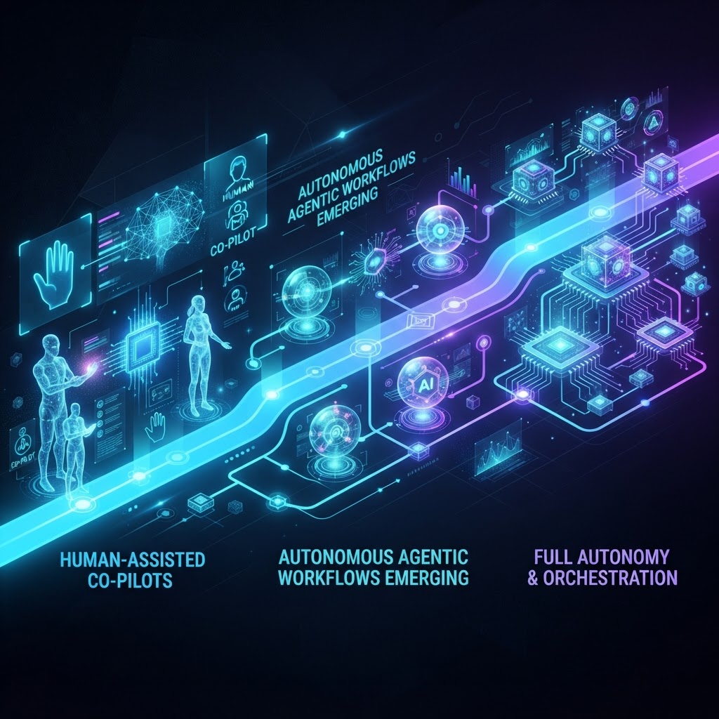 Entwicklungsstrahl von assistierender KI hin zu autonomen Agentic Workflows