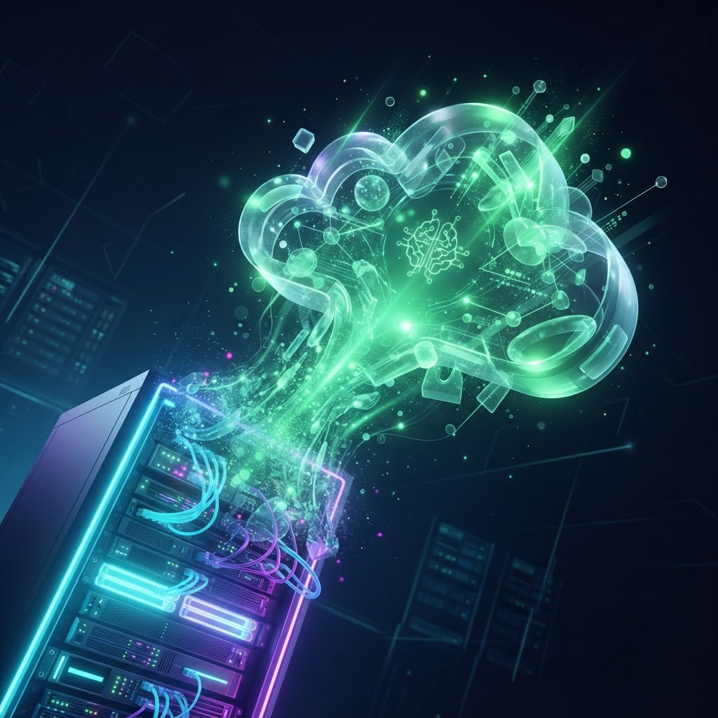 Futuristische Cloud-Infrastruktur, die ein erfolgreiches, KI-gesteuertes Software-Deployment symbolisiert