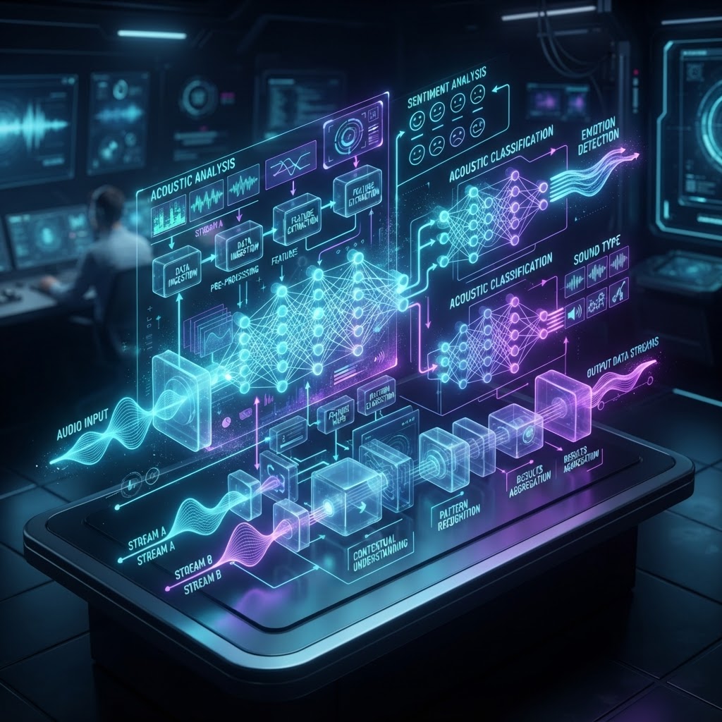 Holografisches Architektur-Diagramm, das die Verarbeitung von Audio-Streams durch neuronale Netzwerke zur Sentiment-Analyse zeigt.