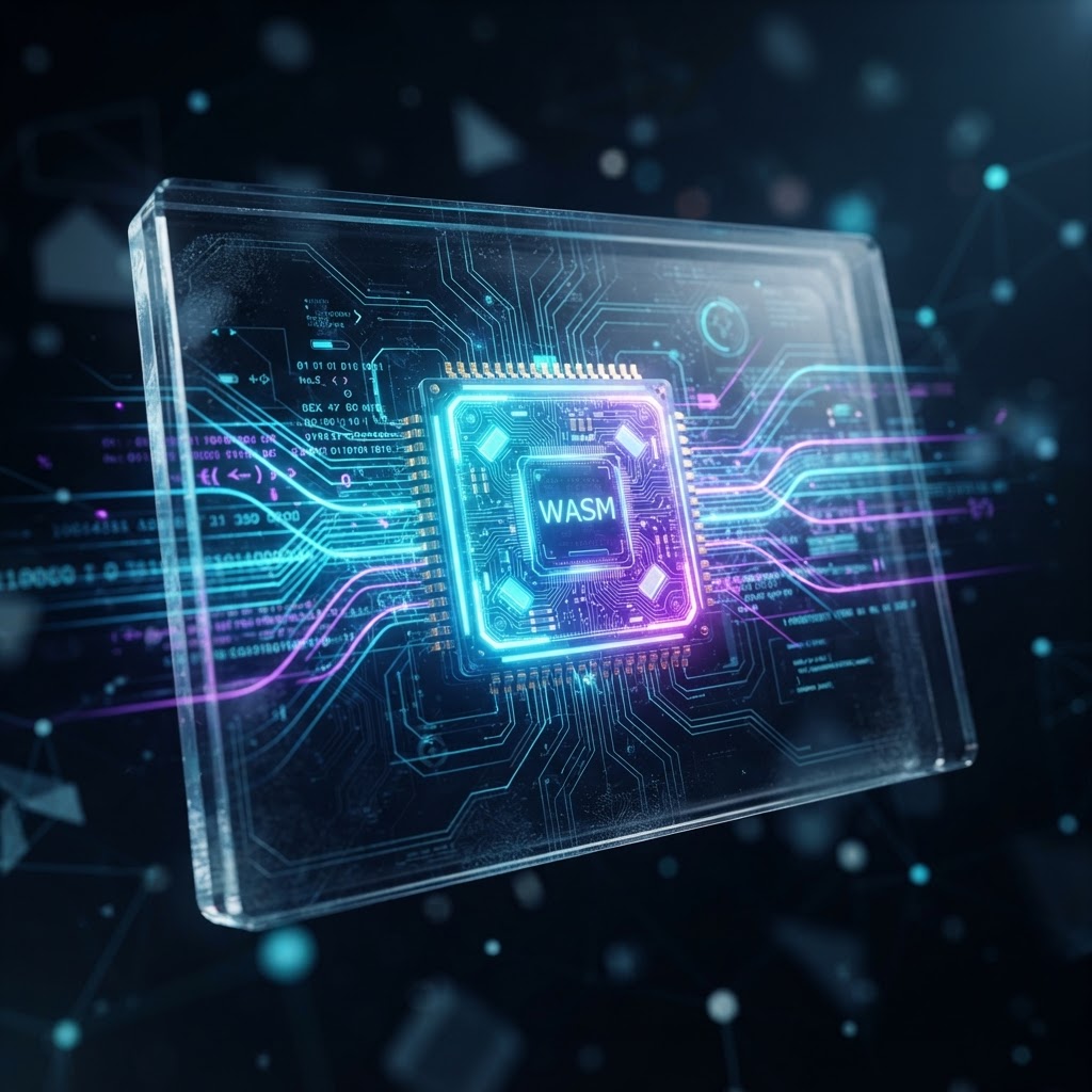 Nahaufnahme eines WebAssembly-Mikrochips, der lokal Datenströme in einem digitalen Display verarbeitet
