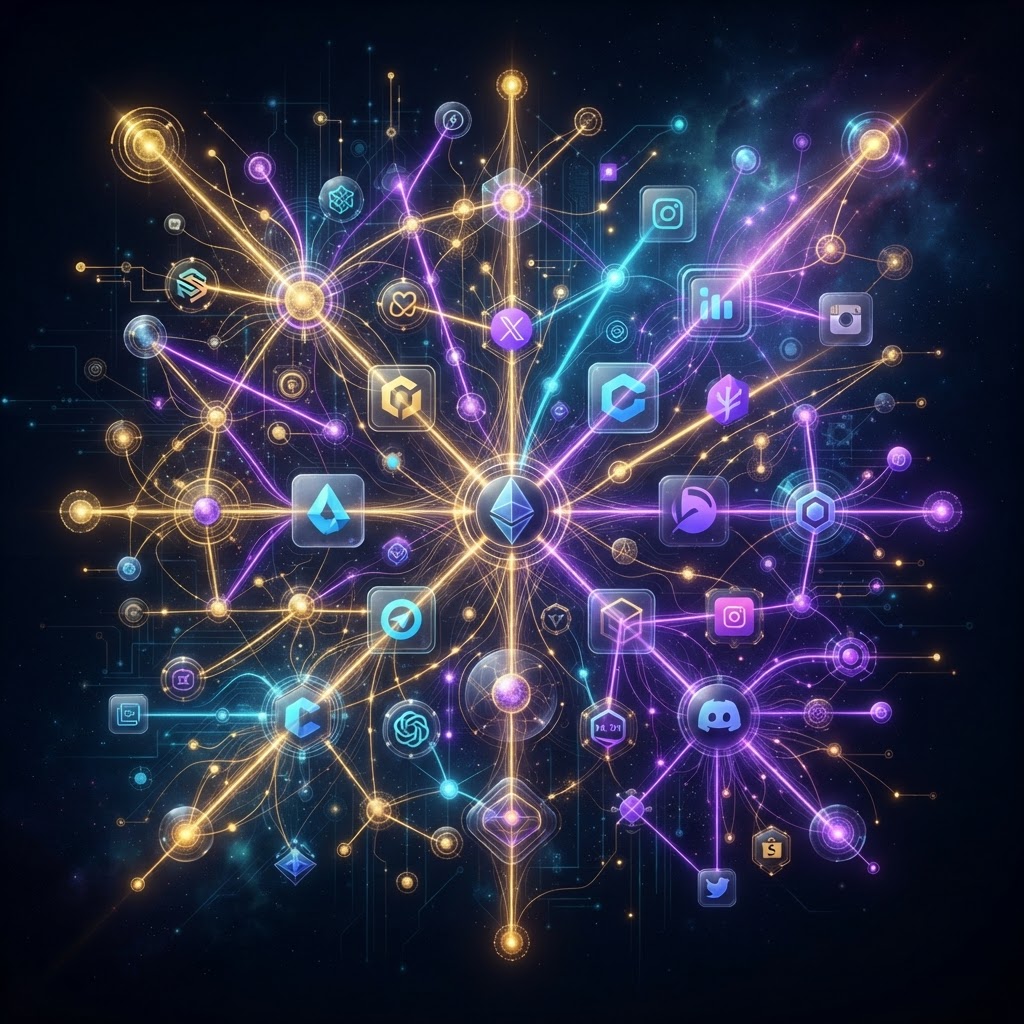 Ein leuchtender Knowledge Graph, der semantische Entitäten und Markendaten miteinander verknüpft.
