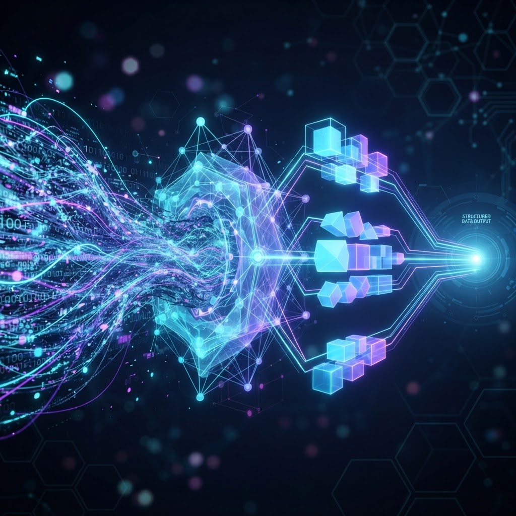 Visualisierung eines neuronalen Netzwerks, das unstrukturierte Rohdaten in saubere synthetische Datenblöcke umwandelt