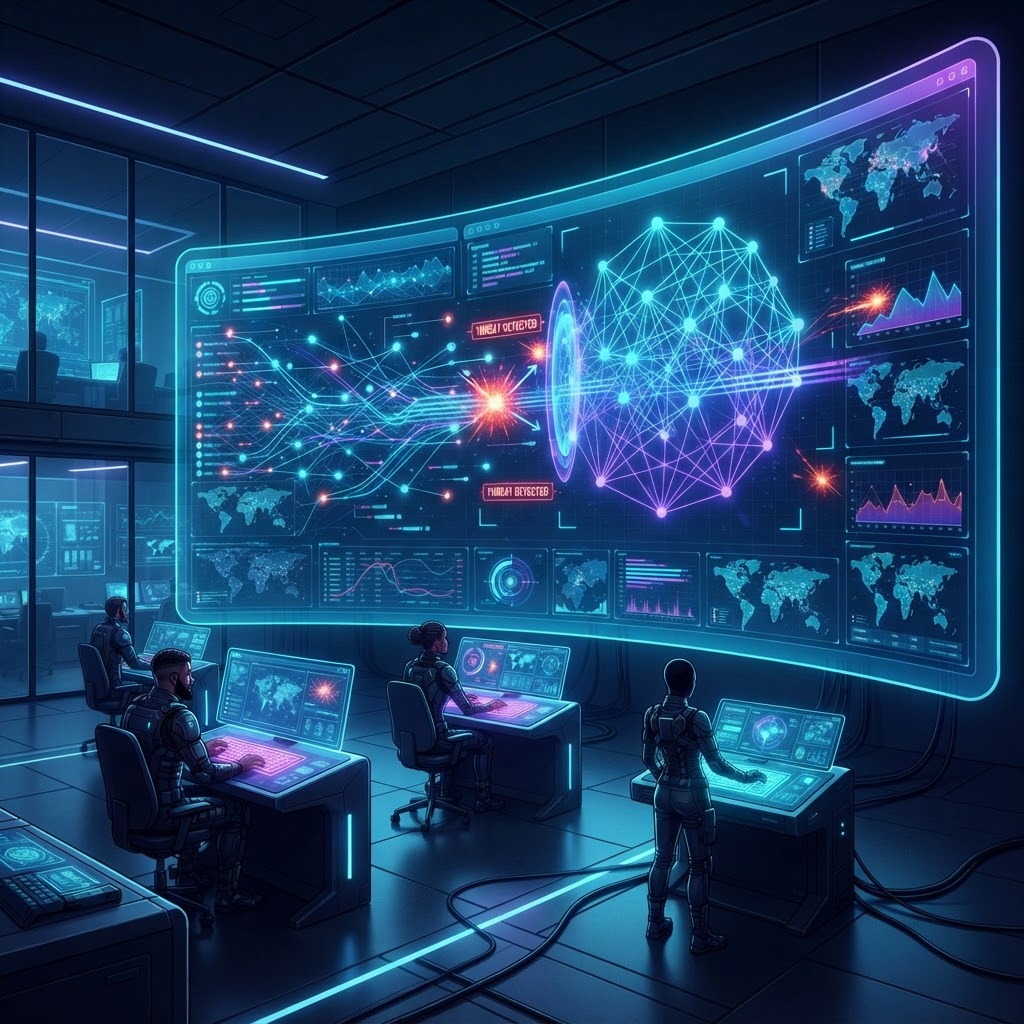 Futuristisches Cyber Security Operations Center, das autonome KI-Systeme zur Echtzeit-Abwehr von Bedrohungen nutzt.