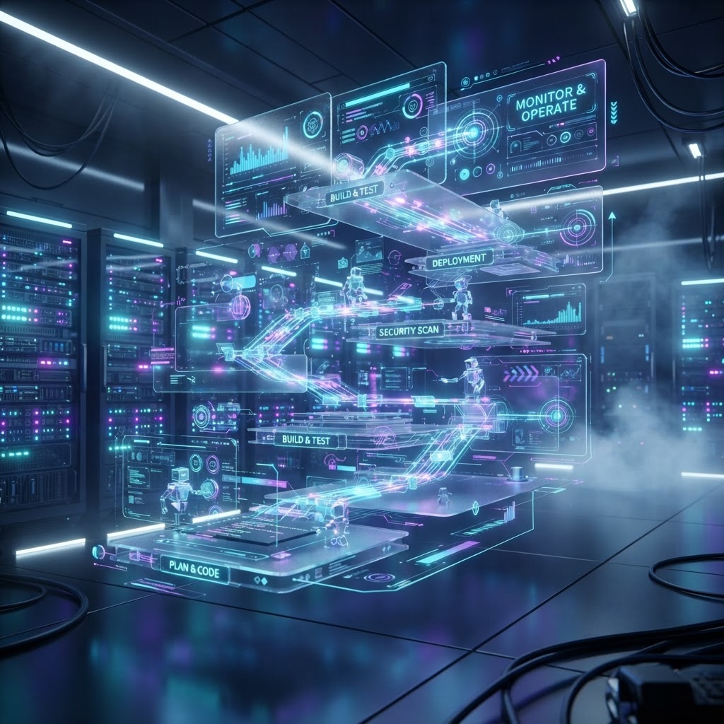 Futuristische Darstellung einer mehrstufigen CI/CD-Pipeline mit KI-gestützter Inspektion