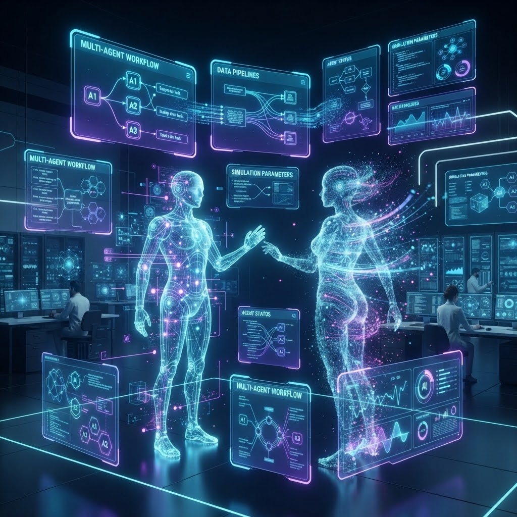 Zwei KI-Avatare in einer digitalen Simulation, die die Agenten-basierte Generierung von synthetischen Daten symbolisieren.