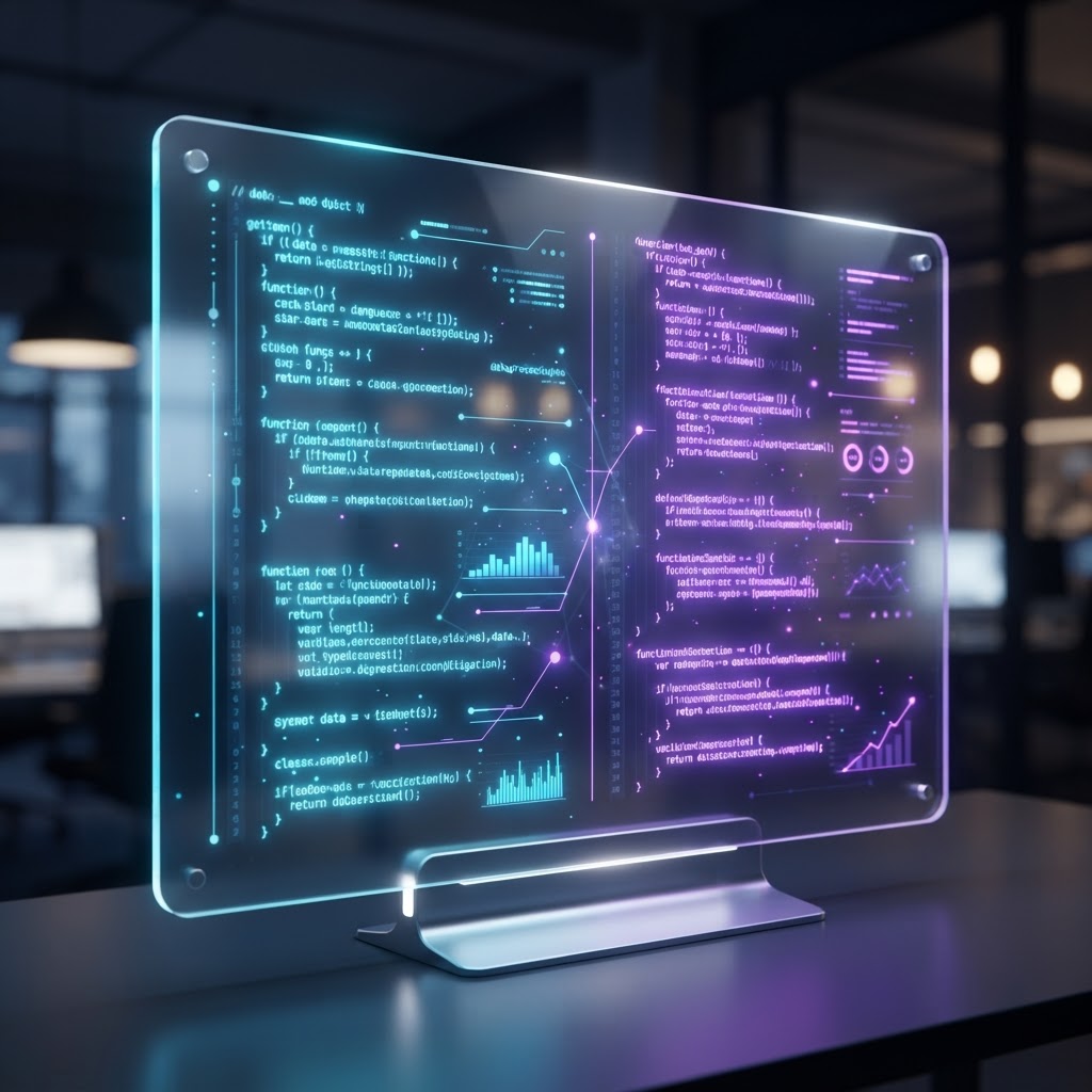 Vergleich zweier leuchtender Code-Ströme auf einem modernen Glasdisplay