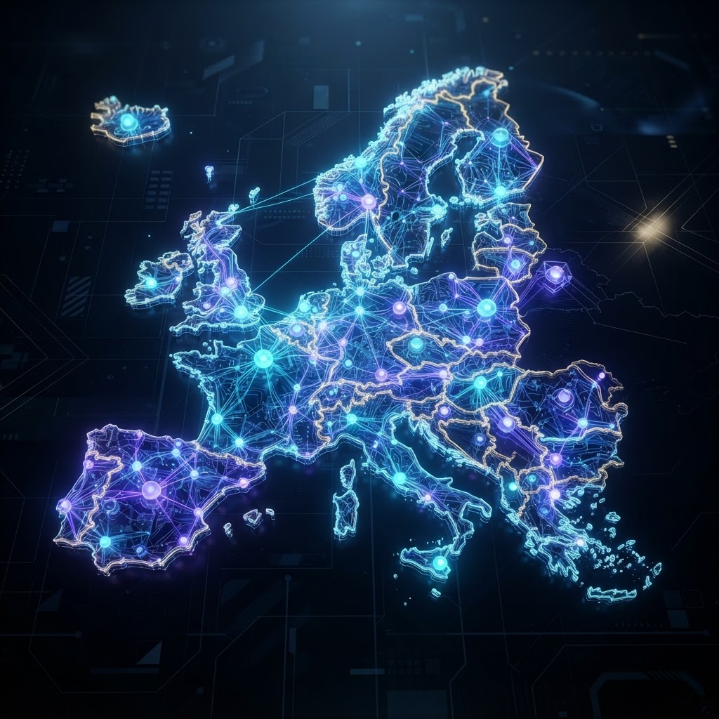 Abstrakte 3D-Visualisierung eines sicheren europäischen Datenraums mit leuchtenden Netzwerkknoten in Blau und Gold