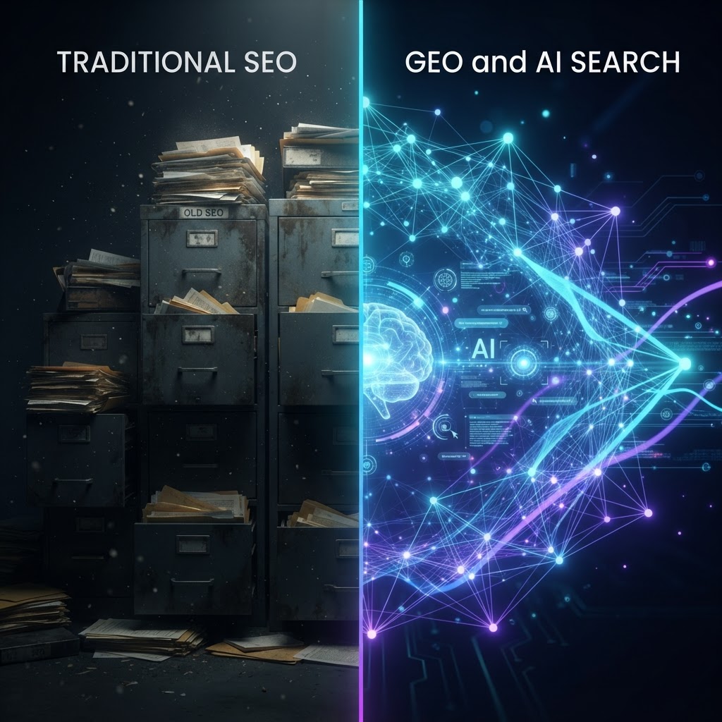 Konzeptioneller Vergleich zwischen traditionellem dateibasierten SEO und moderner, vernetzter Generative Engine Optimization.