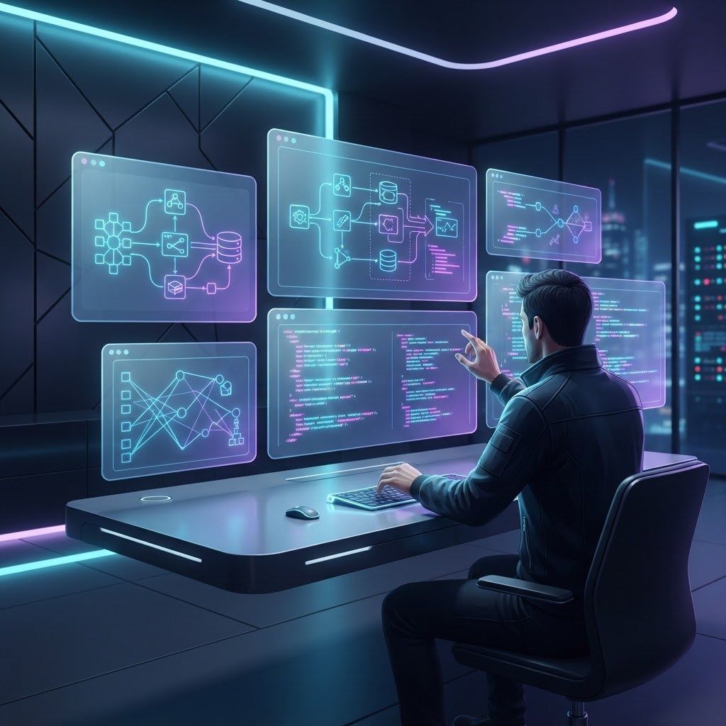 Ein moderner, minimalistischer Entwickler-Arbeitsplatz mit holografischen Code-Strukturen und Architektur-Diagrammen.