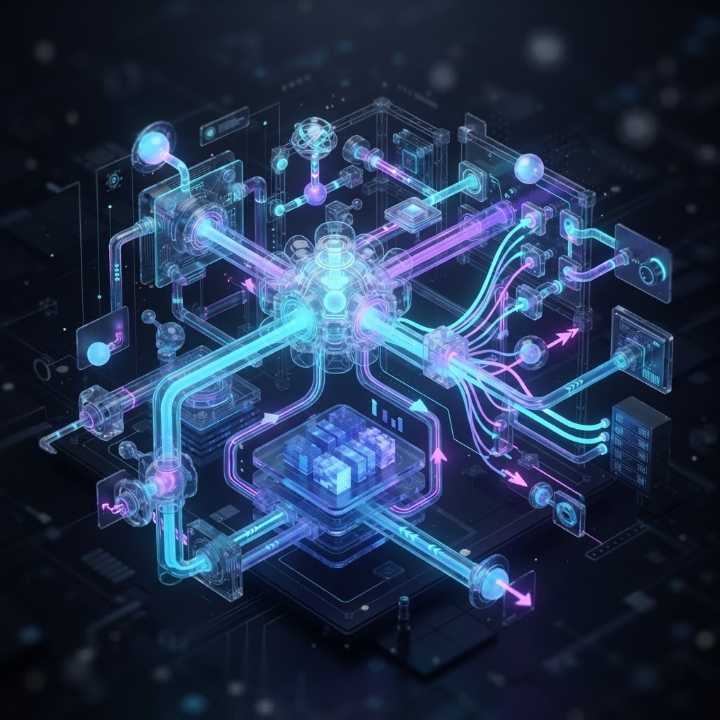 Architektur-Diagramm eines modernen KI-Agenten-Systems mit Orchestrator, Memory-Store und API-Anbindung.