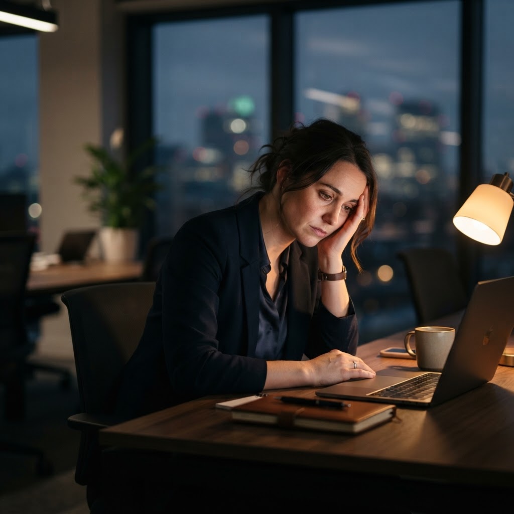 Profissional exausta em ambiente de trabalho, representando o esgotamento profissional conhecido como burnout