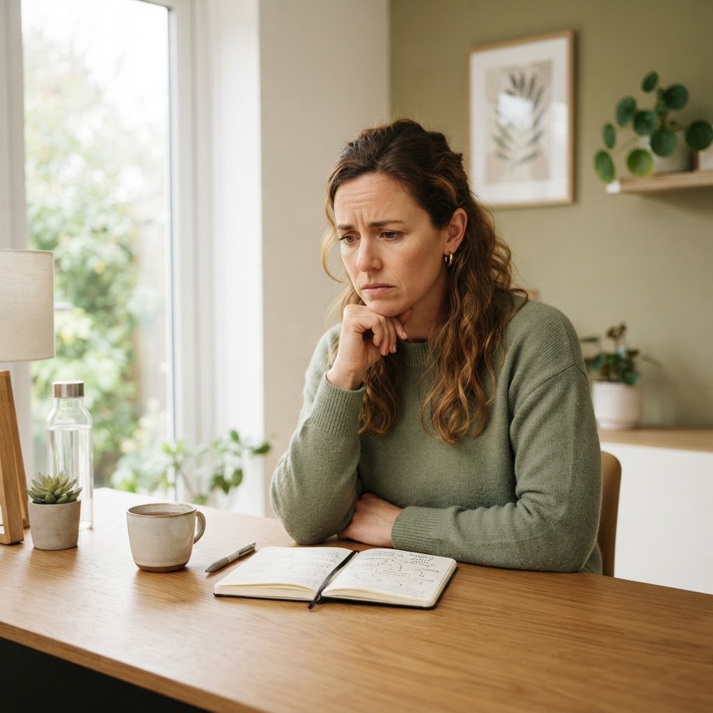 Profissional reflexiva em ambiente de trabalho, representando a dificuldade de diferenciar ansiedade, TDAH e burnout