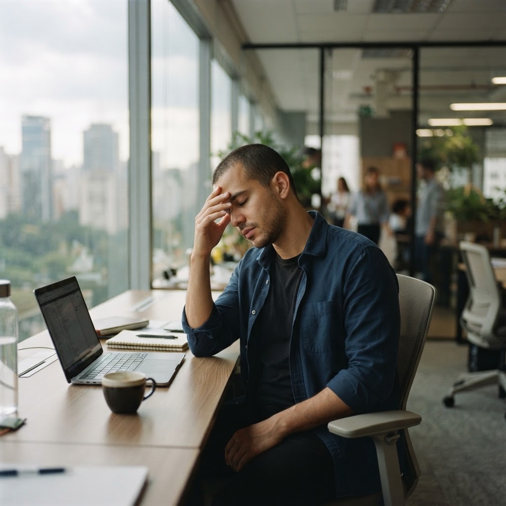 Profissional com sintomas de burnout e esgotamento no trabalho em São Paulo