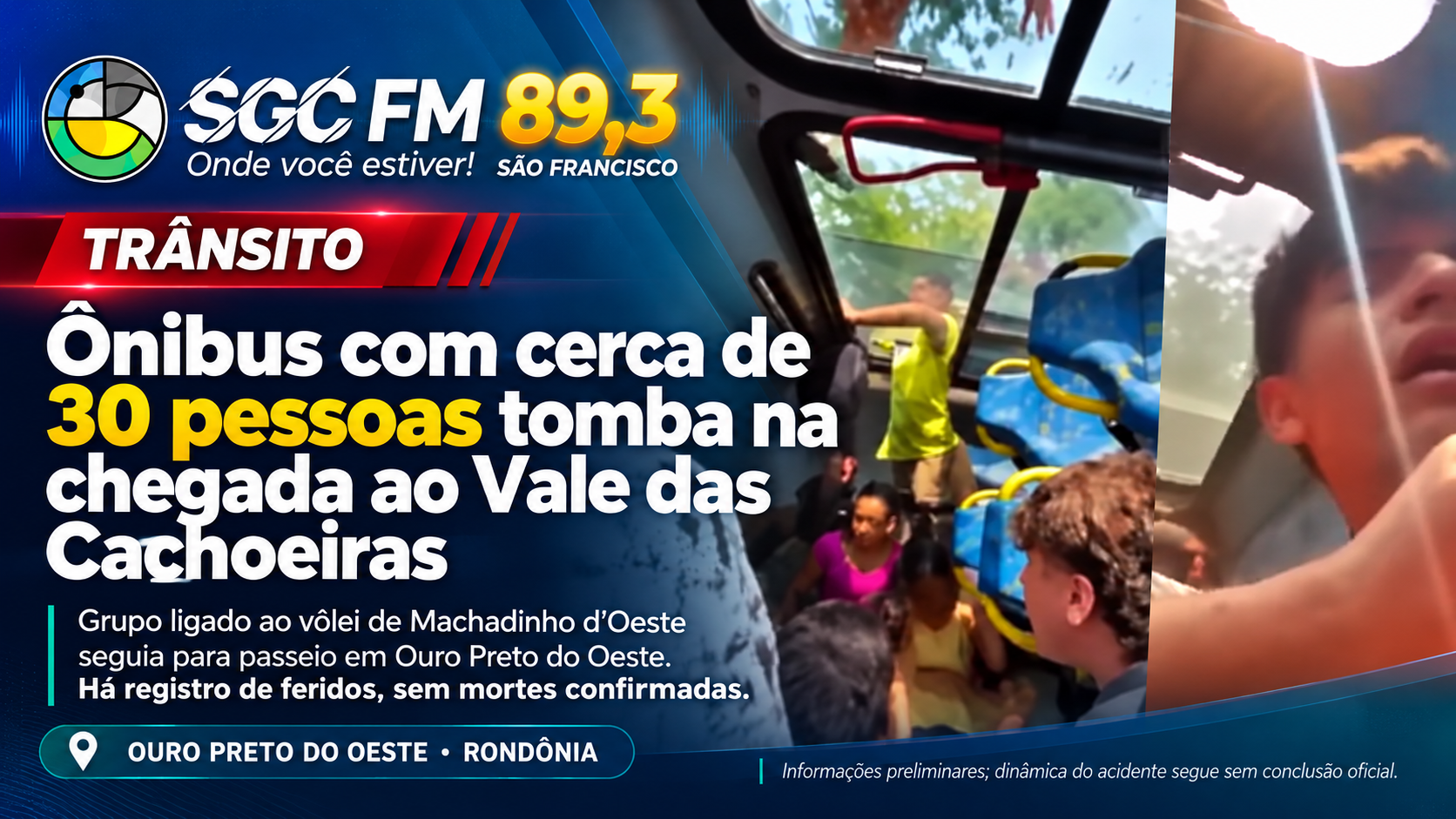 Ônibus com cerca de 30 pessoas tomba na chegada ao Vale das Cachoeiras e deixa feridos em Rondônia