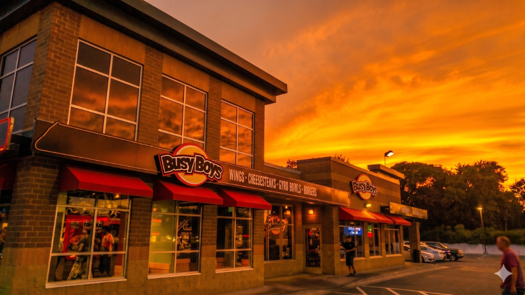 Busy Boys Brooklyn Center location exterior at sunset