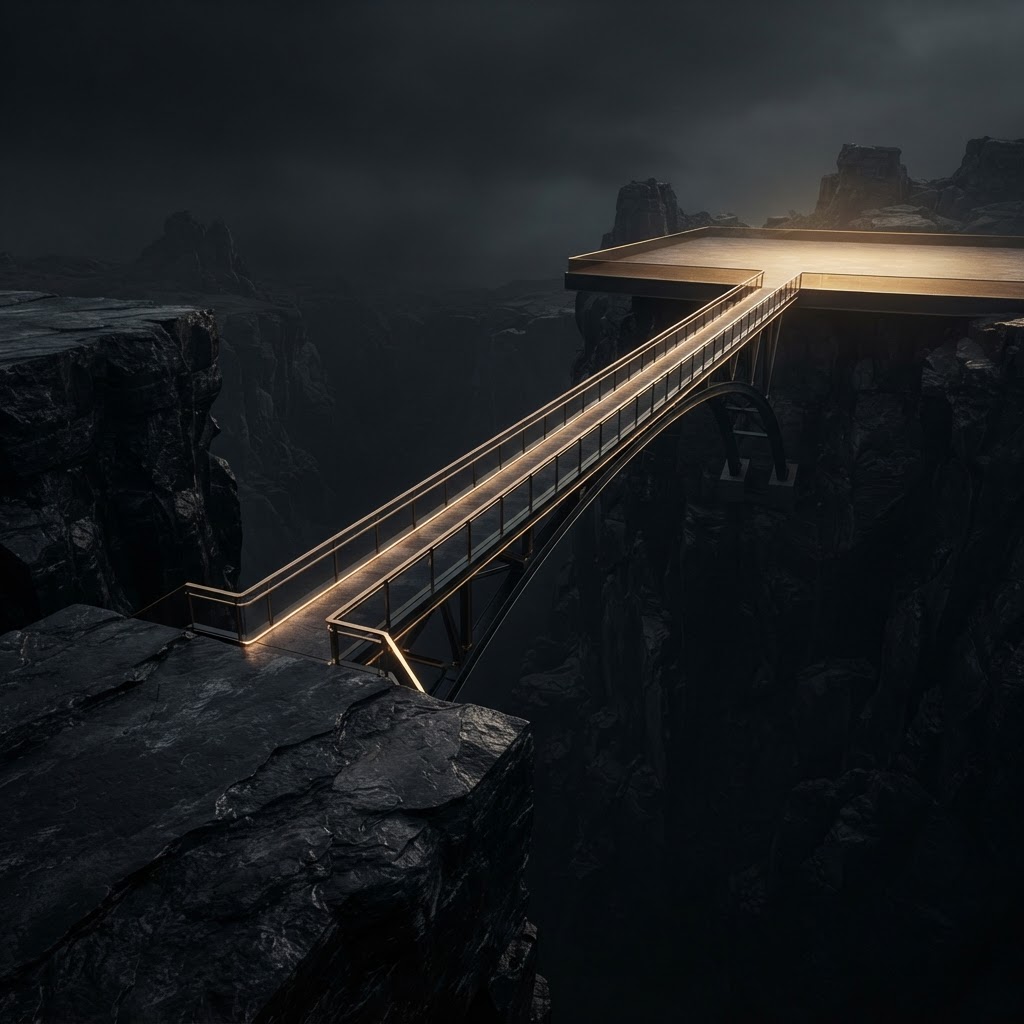 A gold-lit bridge connecting two dark stone platforms, symbolizing the move from knowing to doing