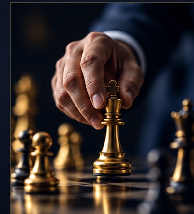 A person deliberately moving a chess king on a chessboard, representing strategy and action