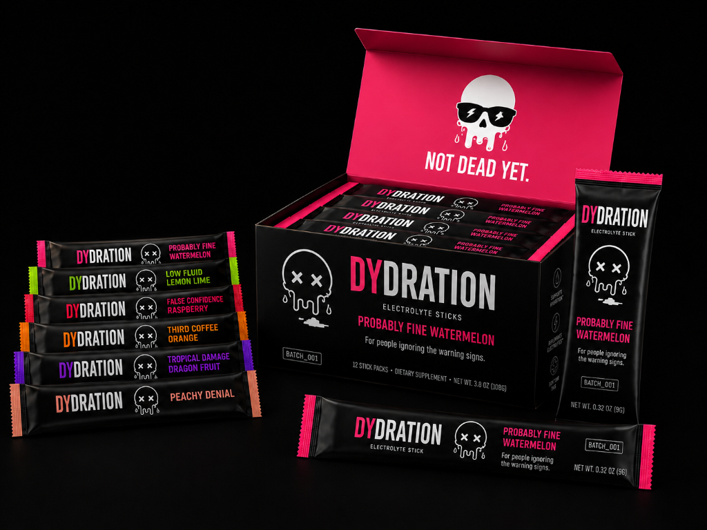 DYDRATION electrolyte stick pack and box — full product system