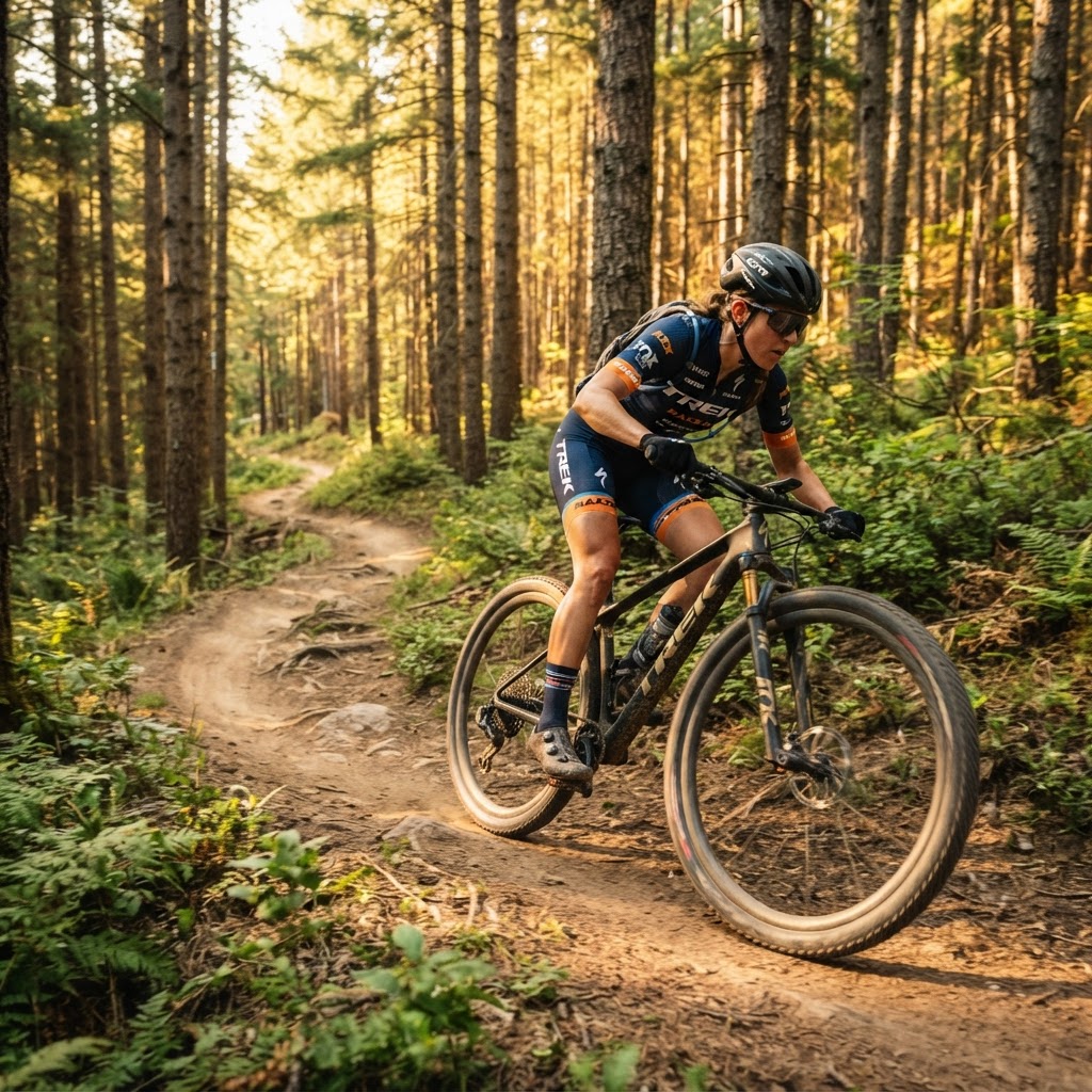 Cross-country mountain biker on a forest trail