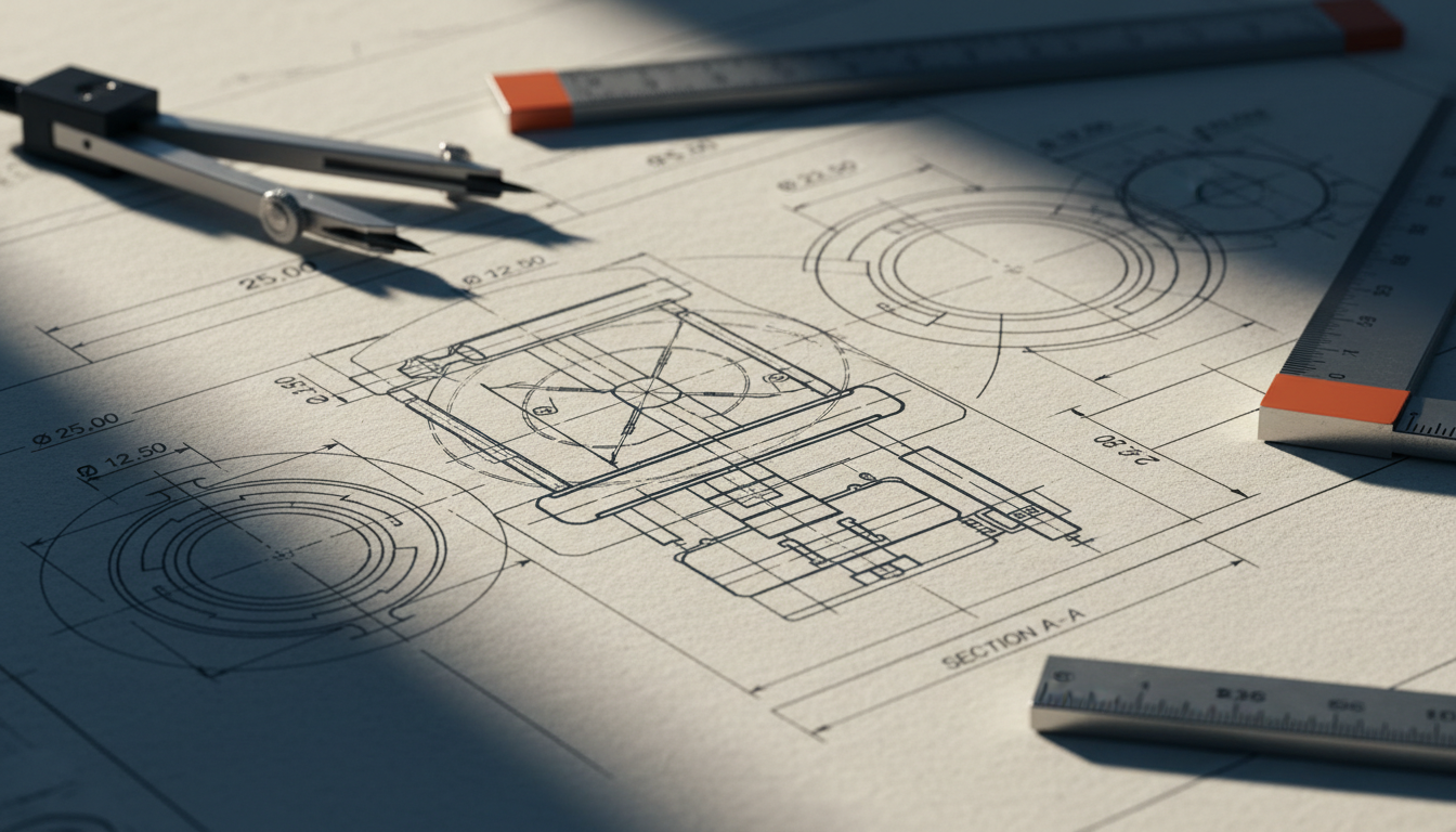 Engineering blueprint with drafting instruments