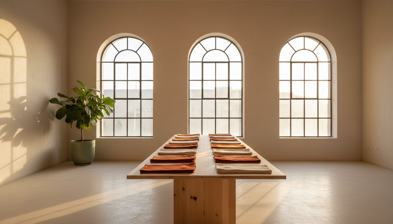 Minimal atelier workspace with folded garments and natural light