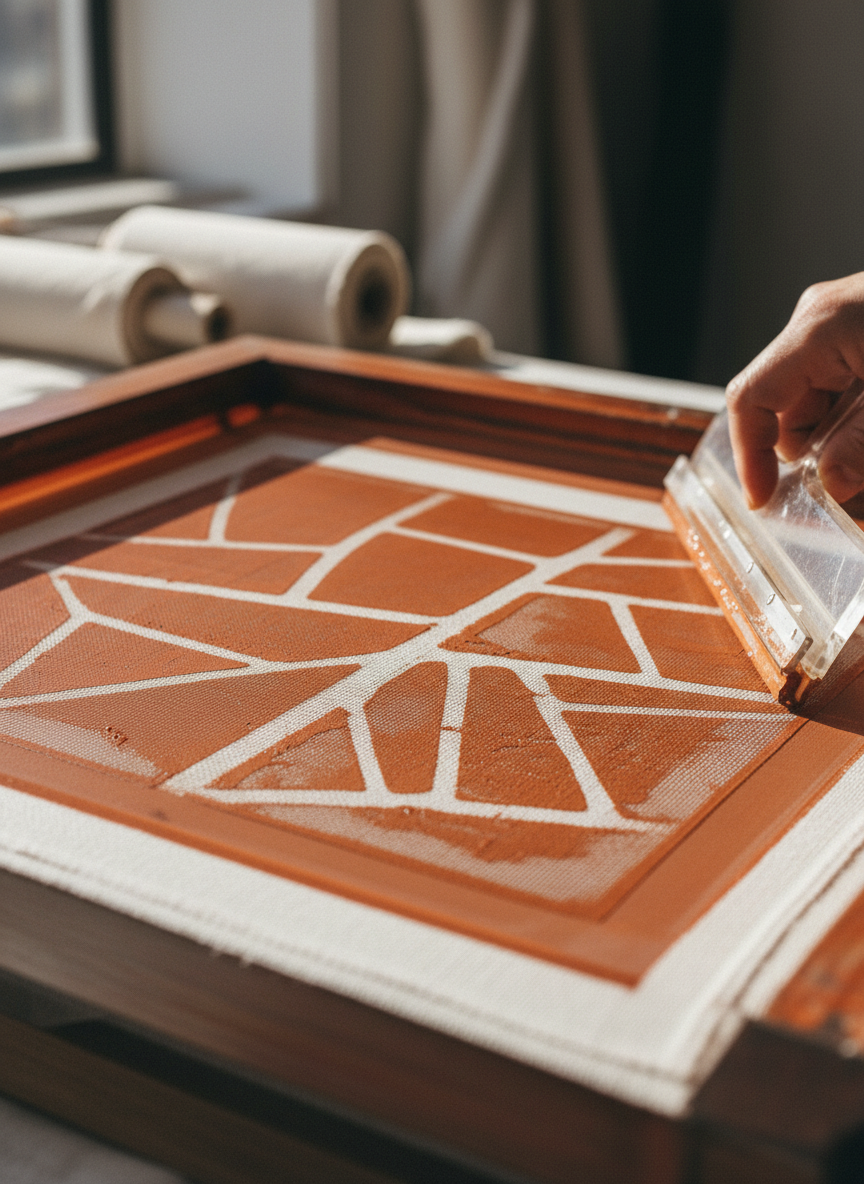 Screen printing process in warm natural light