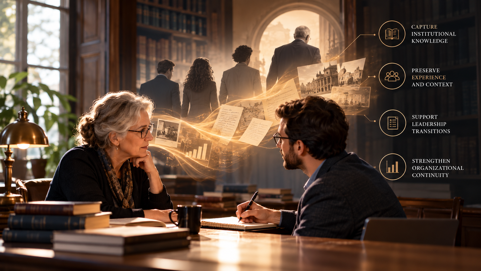 Wisdom interviews transferring institutional knowledge between publishing leaders in a warm-toned scholarly interior, with four gold callouts on the right naming the knowledge carried across a leadership transition