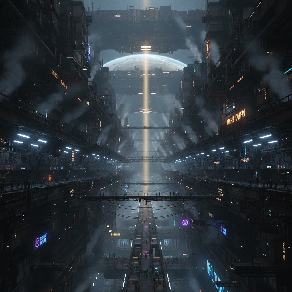 A planet-encircling space station bathed in shafts of pale light