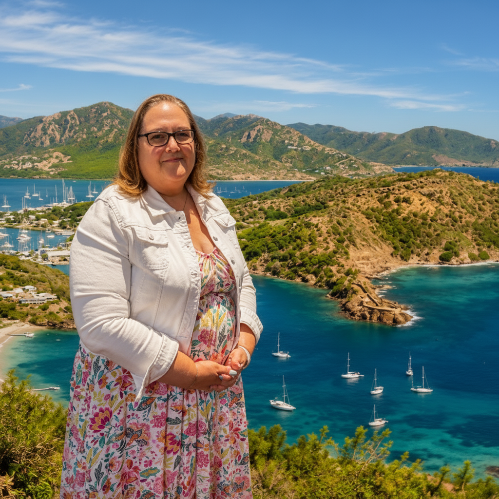 Lisa Menard overlooking Antigua and Barbuda