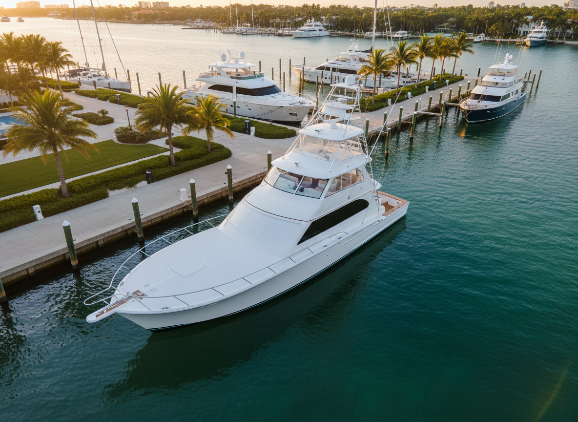 Luxury sportfish yacht detailed by Sward Marine at South Florida marina