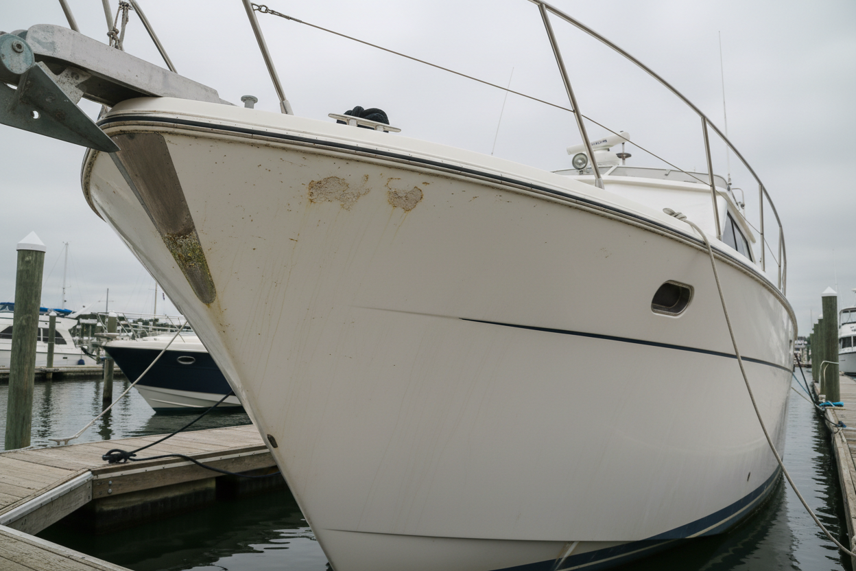 Oxidized yacht hull before Sward Marine restoration in Delray Beach
