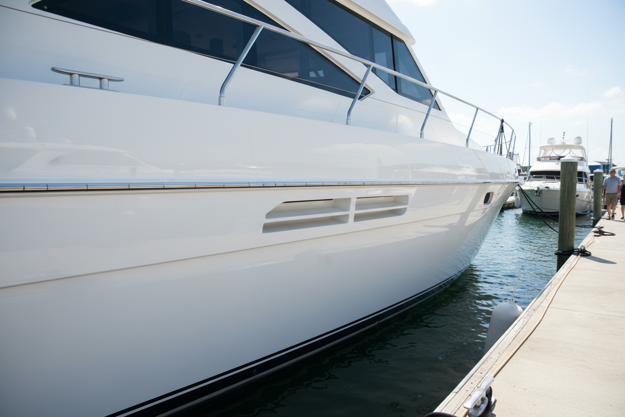 Restored yacht hull with mirror finish after Sward Marine gelcoat restoration