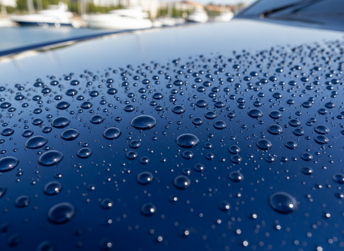 Ceramic coating water beading on yacht hull in Palm Beach