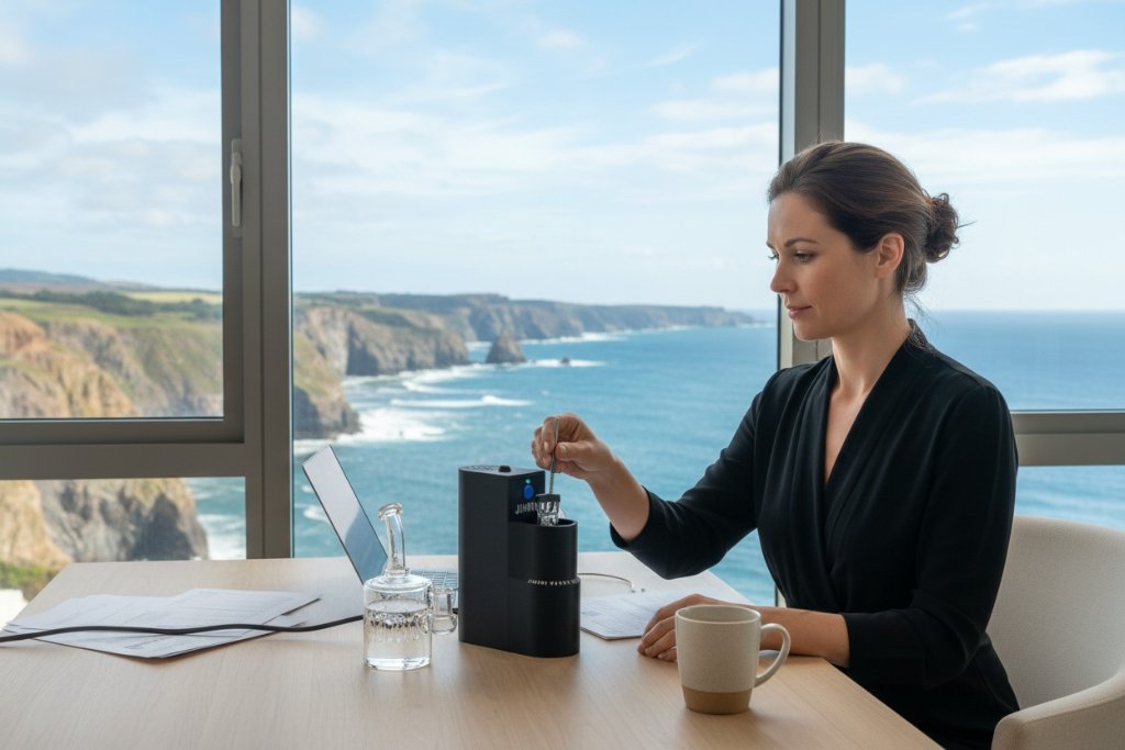 Woman using Jimini Vapor Pro at a table with ocean view