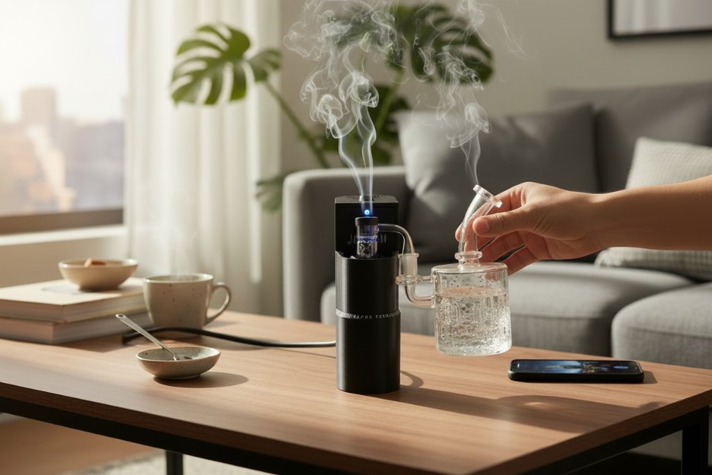 Jimini Vapor Pro on a living room table with smoke rising