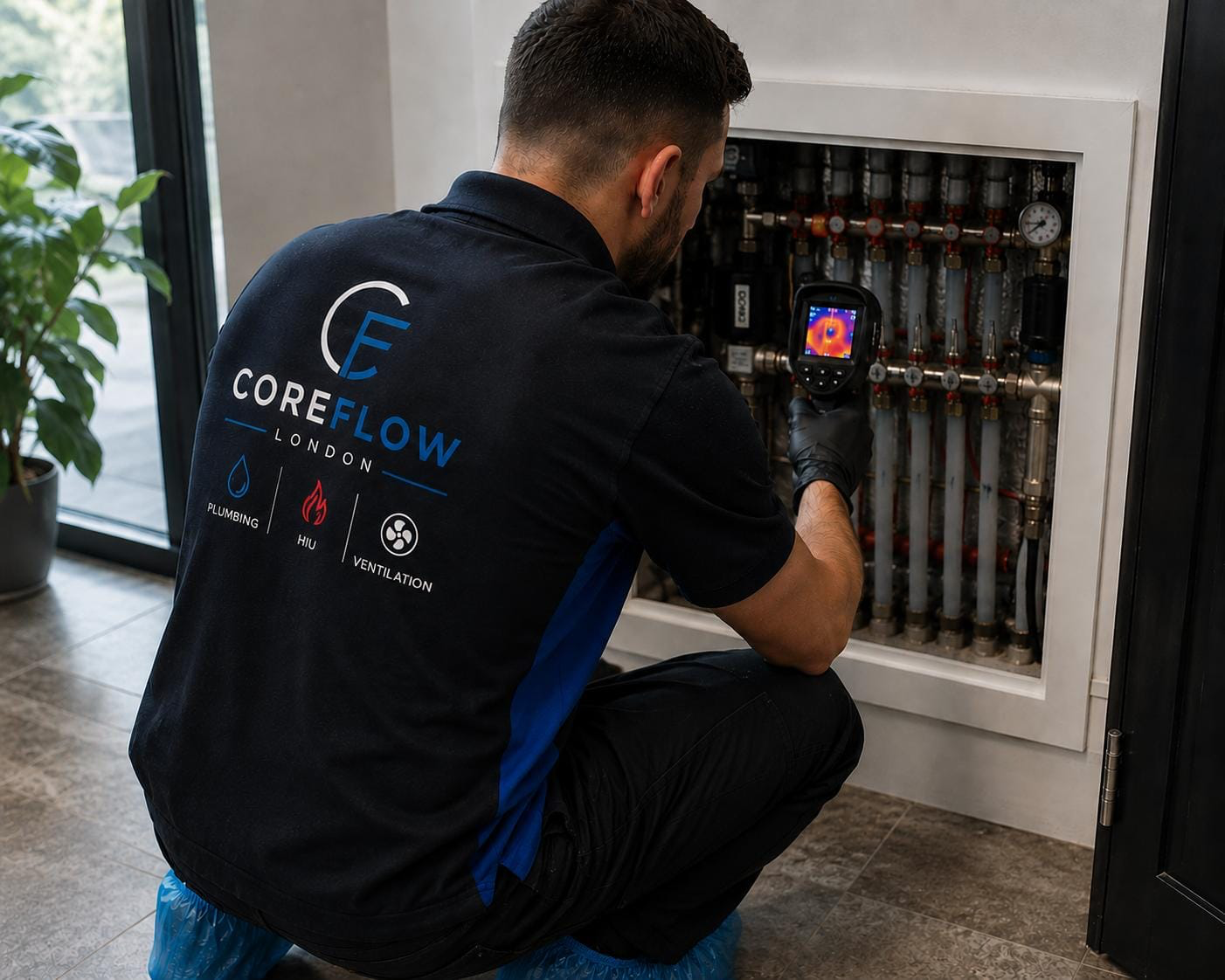 Coreflow London engineer using thermal imaging camera