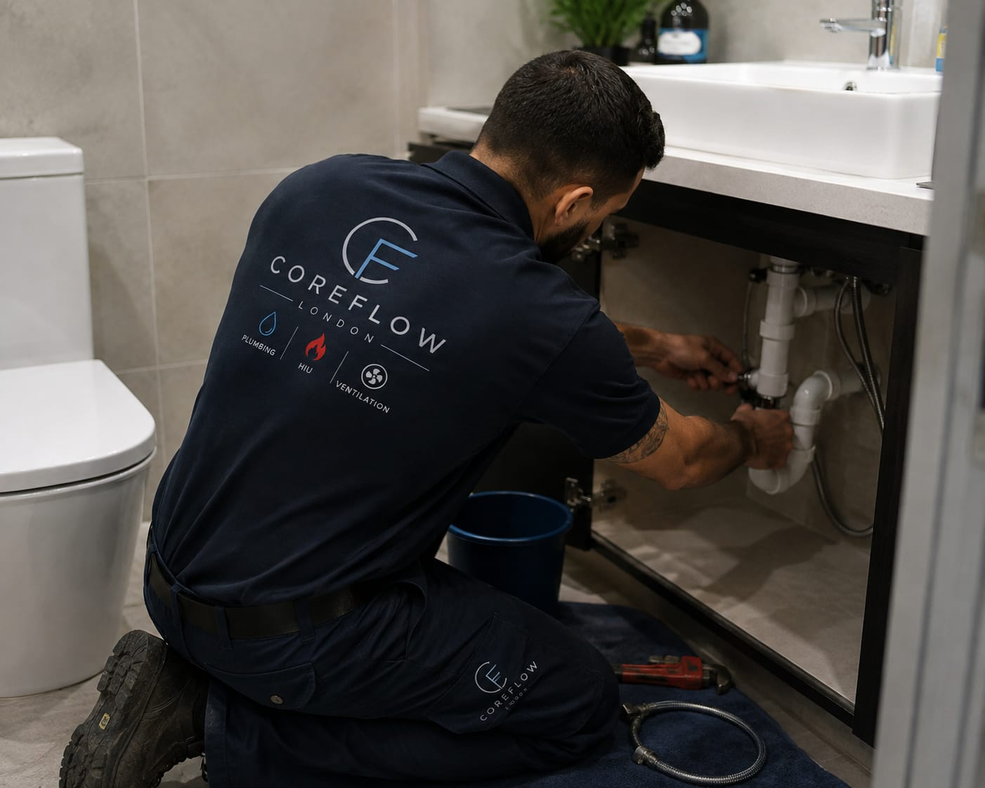 CoreFlow London plumber working on pipes beneath a bathroom vanity