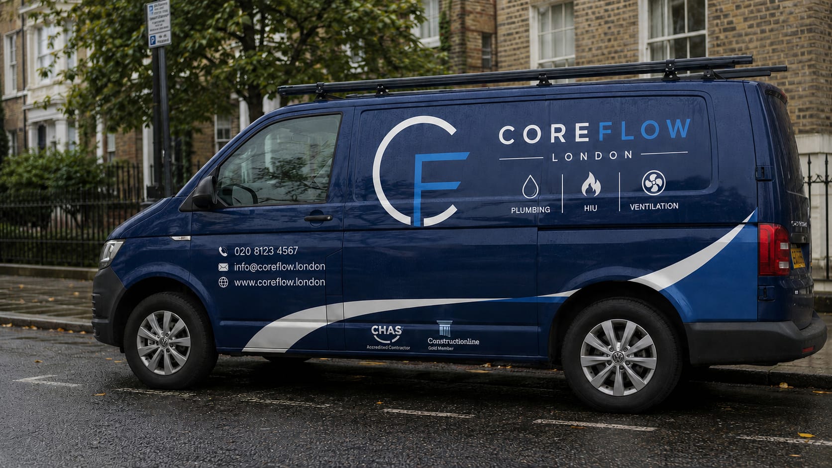 CoreFlow London branded van parked on a London street