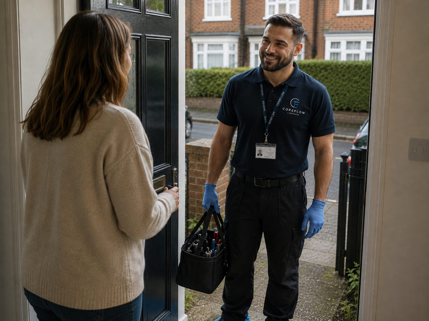CoreFlow London engineer greeting a customer at their door