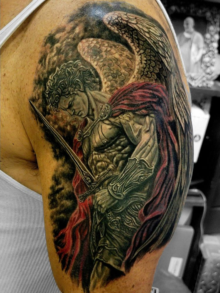 Archangel Michael with sword tattoo by Steve Gagliano