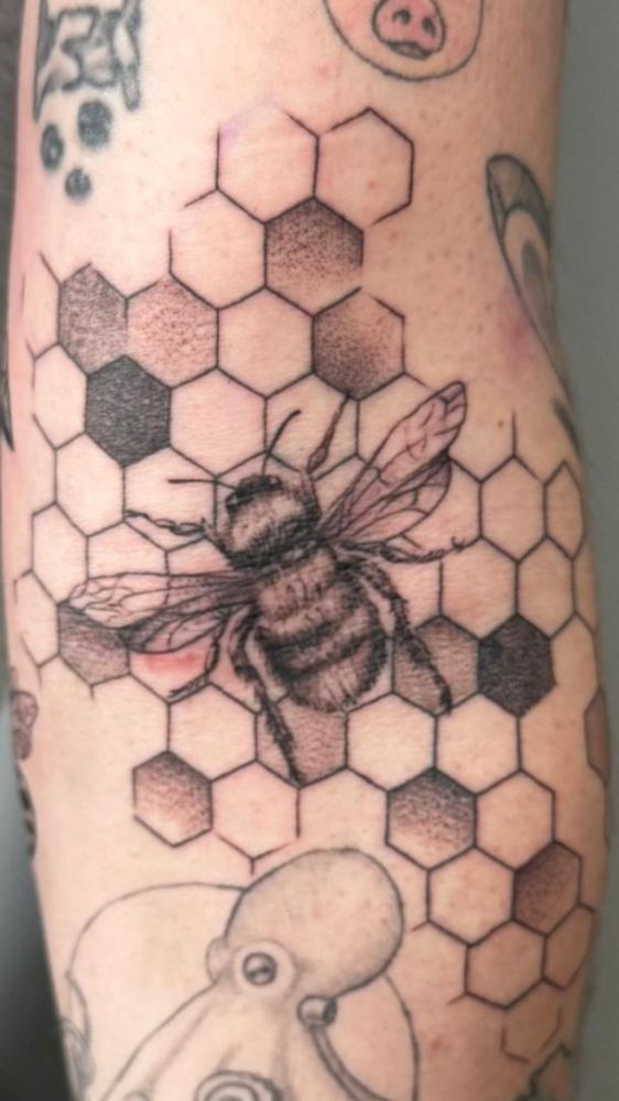 Honeybee in geometric honeycomb — dotwork tattoo by Santiago