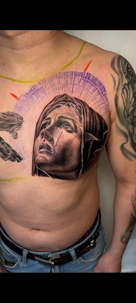 Crying woman portrait — black & grey realism tattoo by Santiago