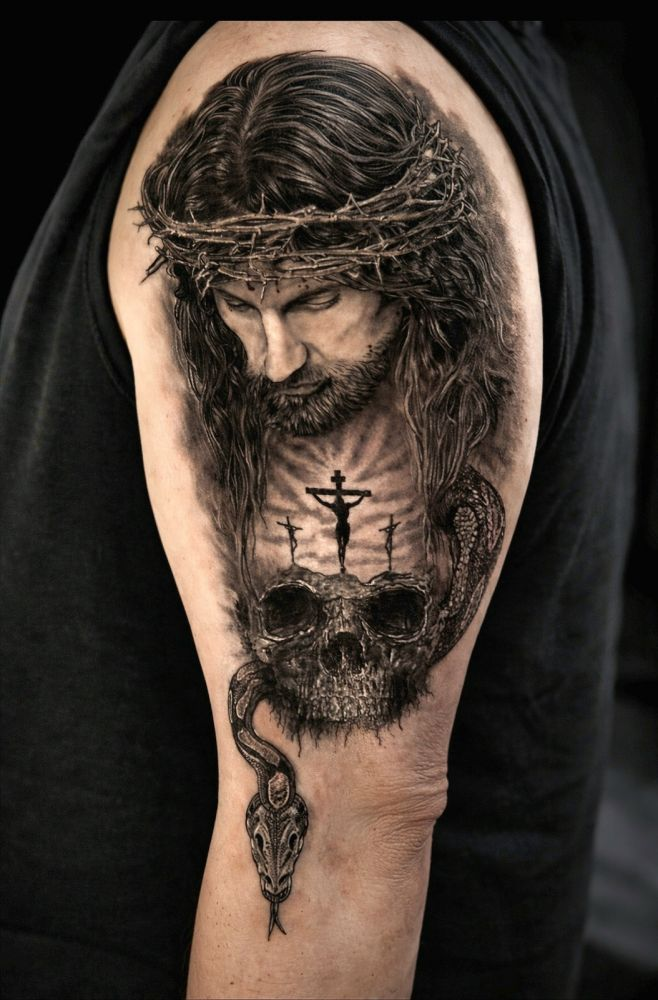 Jesus Christ with crown of thorns and crucifixion scene tattoo by Steve Gagliano