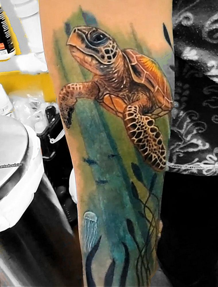 Sea turtle underwater scene color tattoo by Steve Gagliano