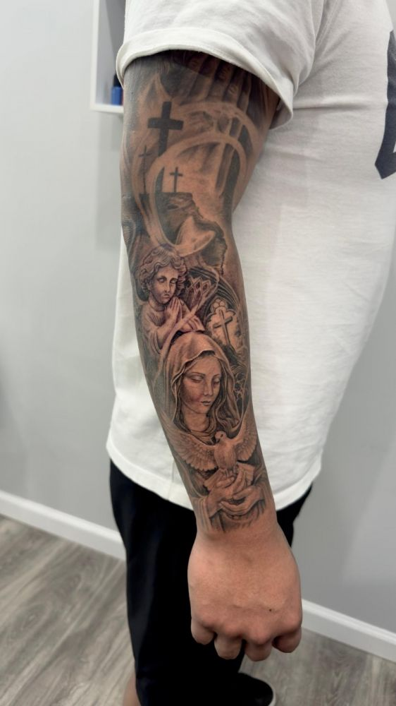 Religious sleeve with crucifix, Virgin Mary and dove — black & grey realism by Santiago