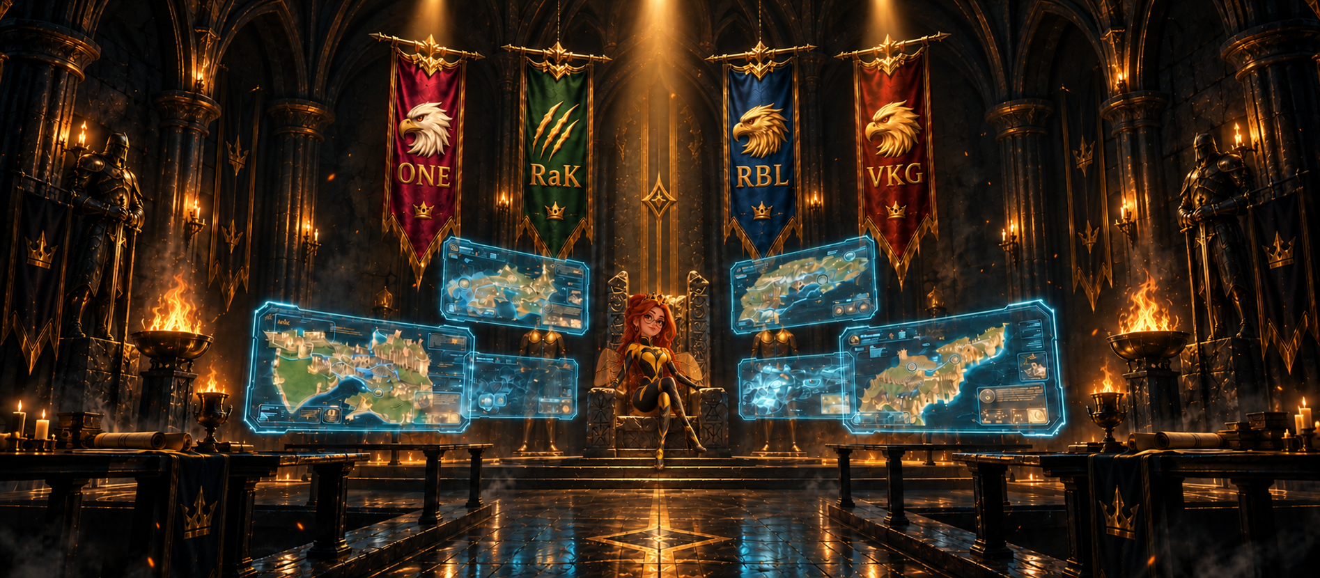 Kingdom 1192 War Room - Medieval throne room with holographic tactical displays