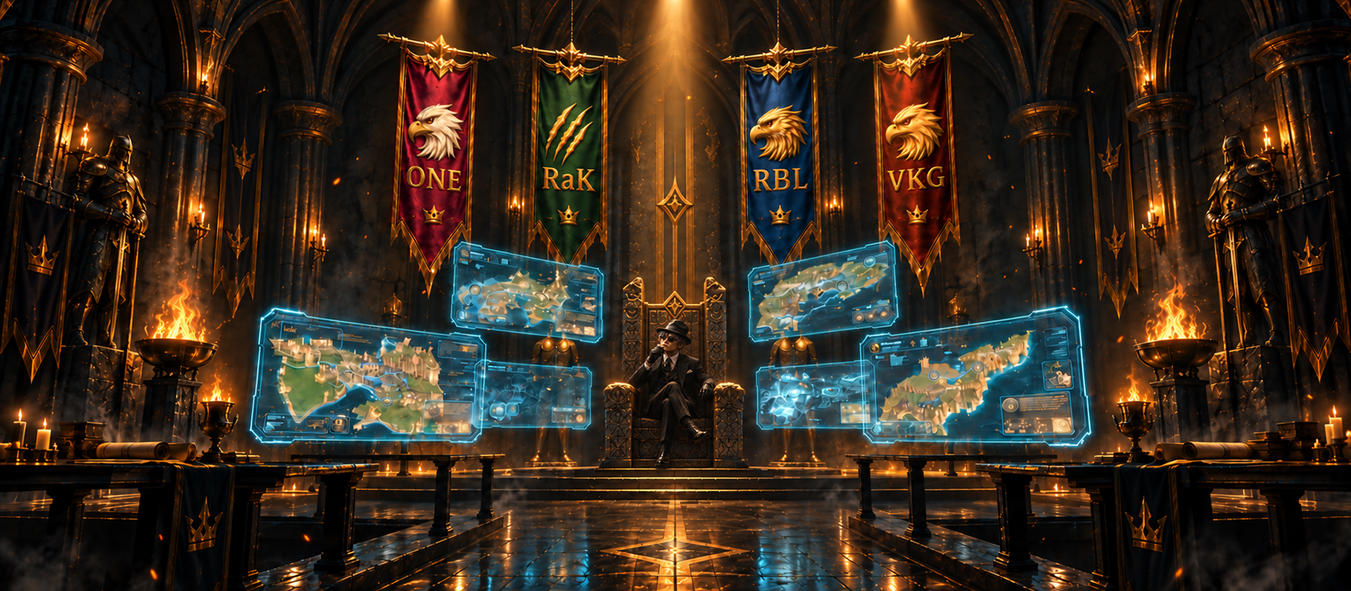 Kingdom 1192 War Room - Medieval throne room with holographic tactical displays