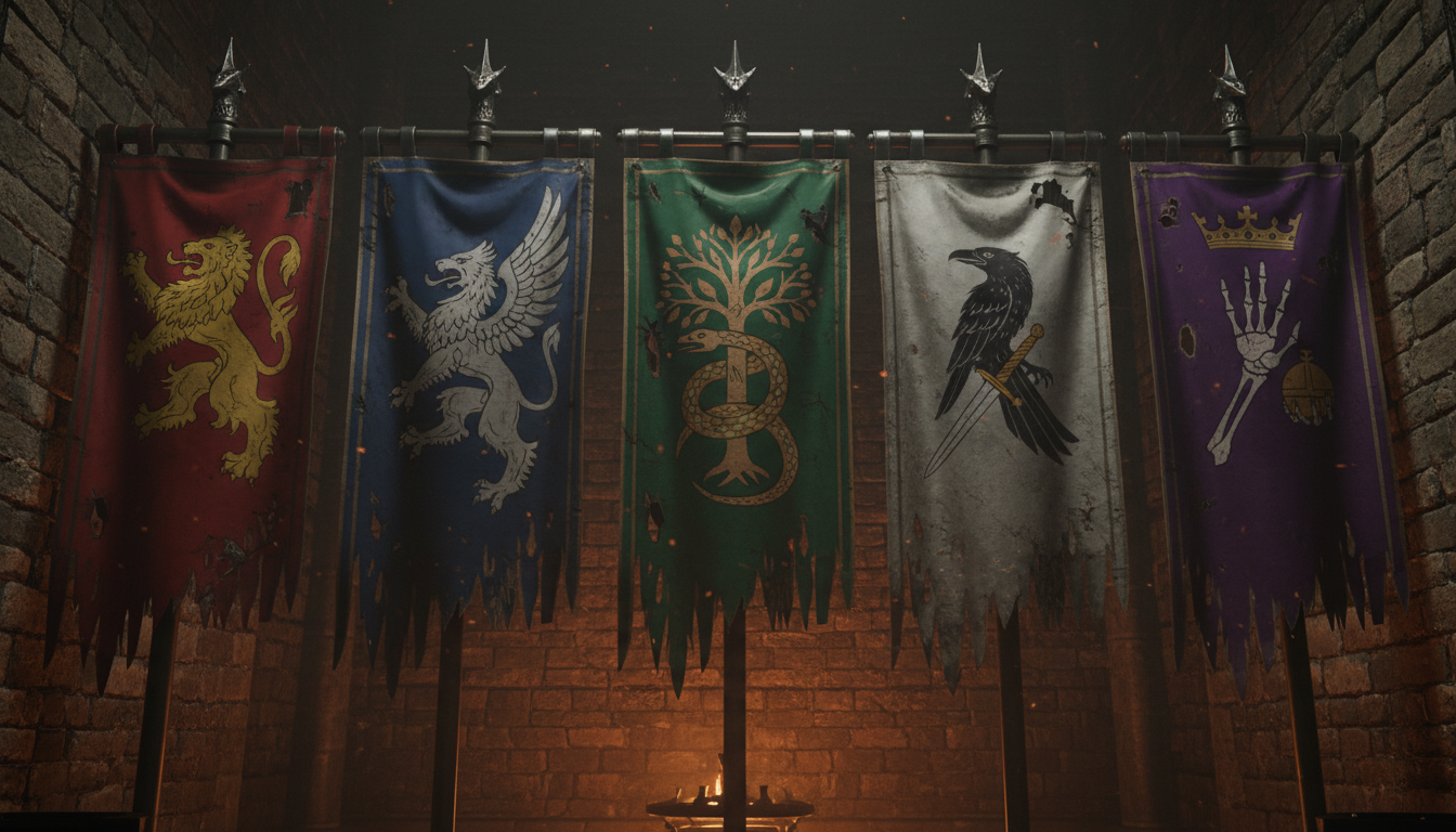 Alliance war banners in a dark stone corridor