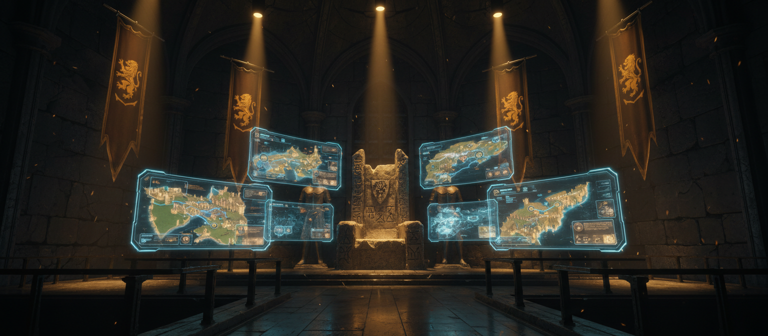 Kingdom 1192 War Room - Medieval throne room with holographic tactical displays