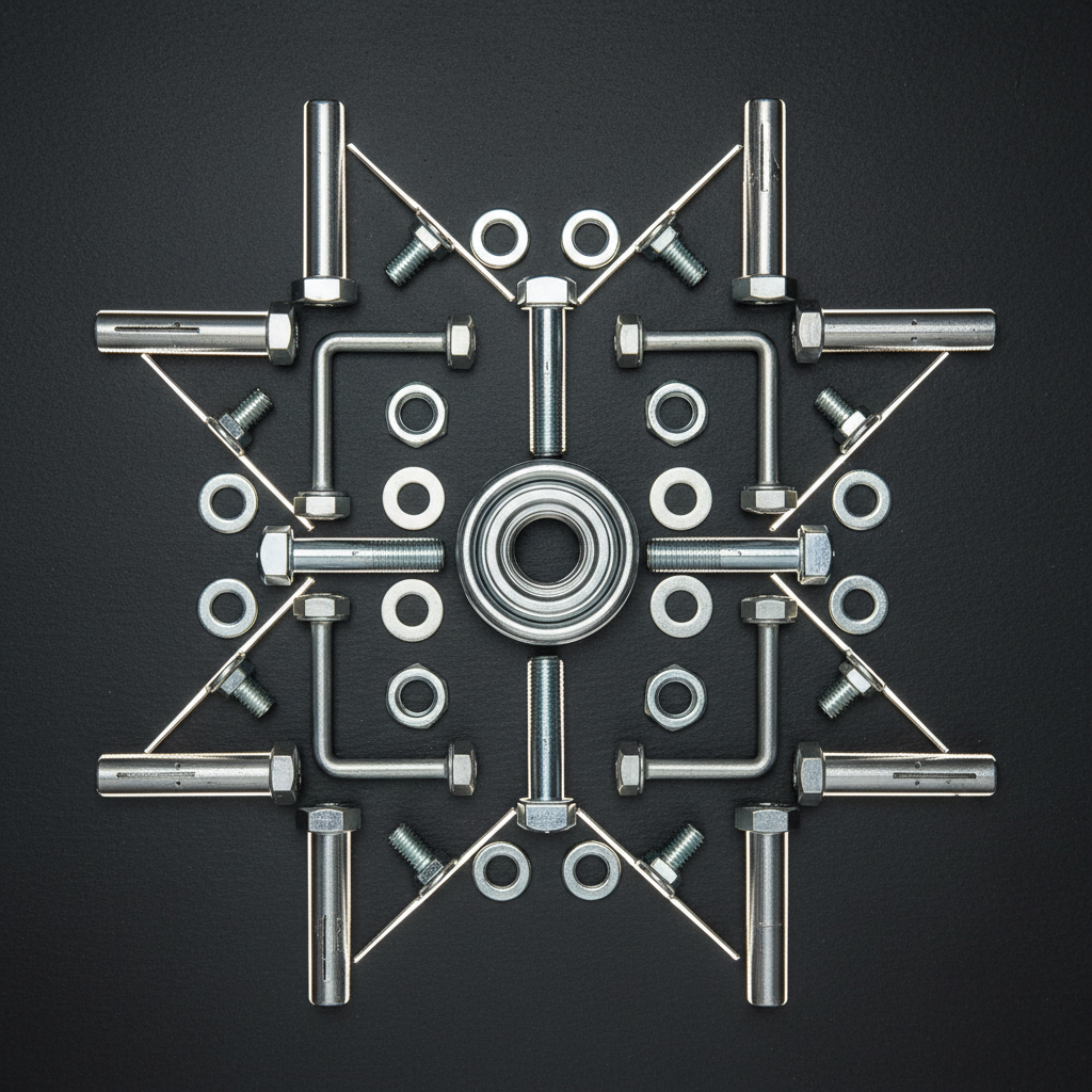 Parafusos e ferragens organizados geometricamente